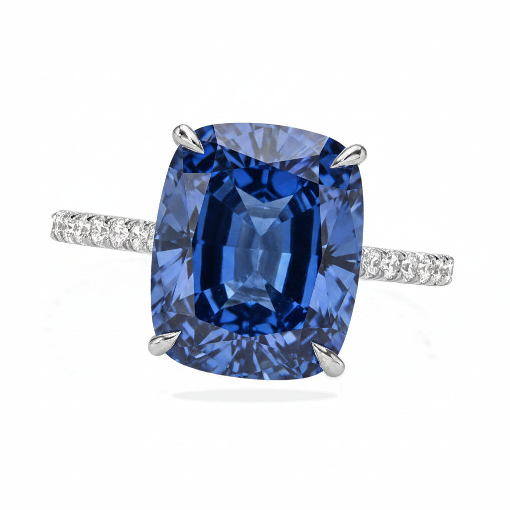 Elongated Cushion Lab Blue Sapphire & Diamond Engagement Ring in Platinum (5.06ct)