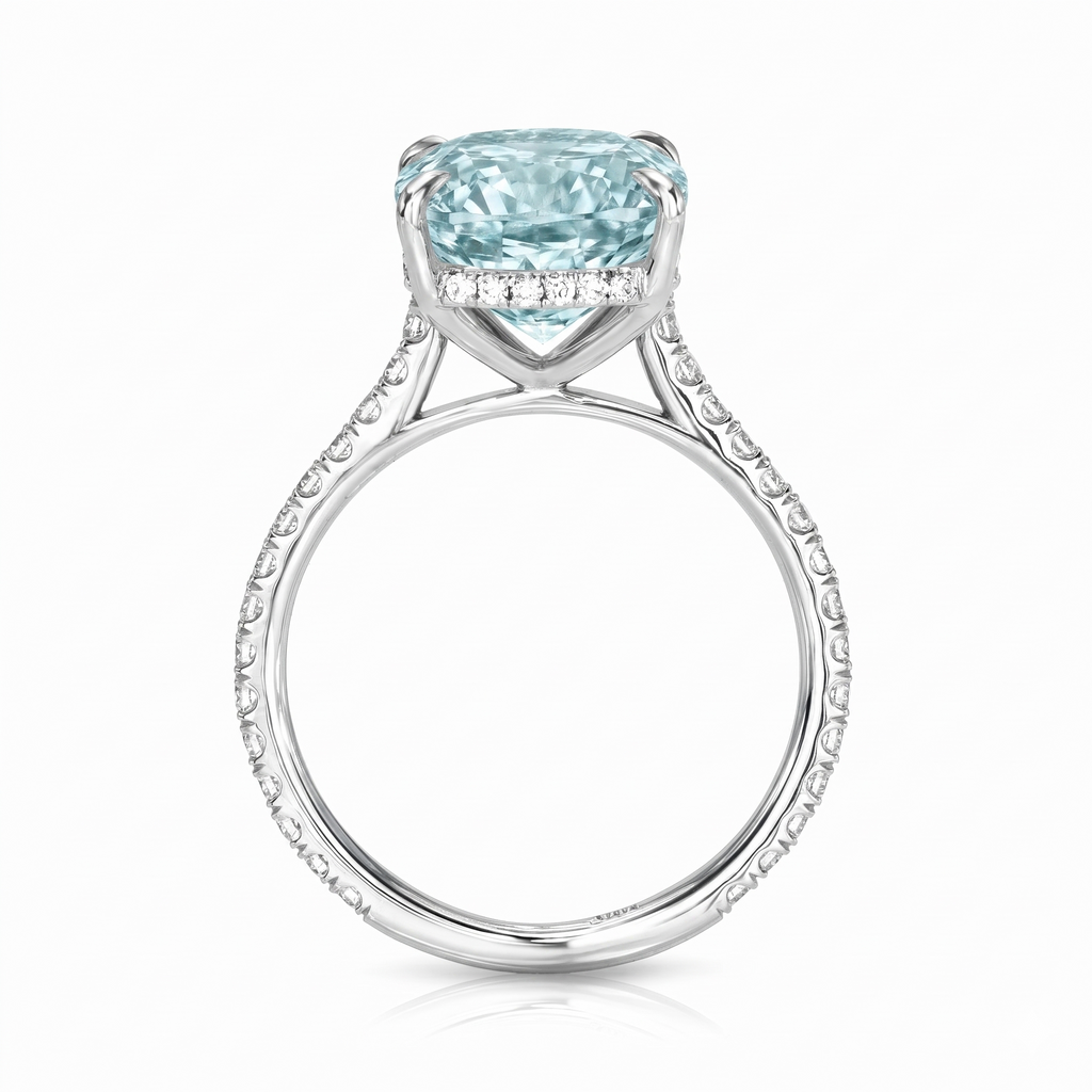 Elongated Cushion Lab Aquamarine & Diamond Engagement Ring 18K White Gold (3.61ct)