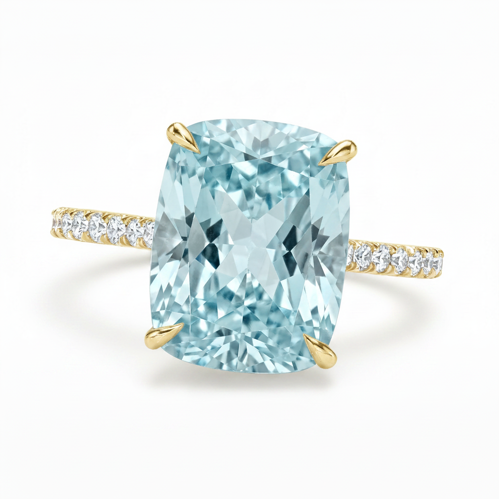 Elongated Cushion Lab Aquamarine & Diamond Engagement Ring 18K Yellow Gold (3.61ct)