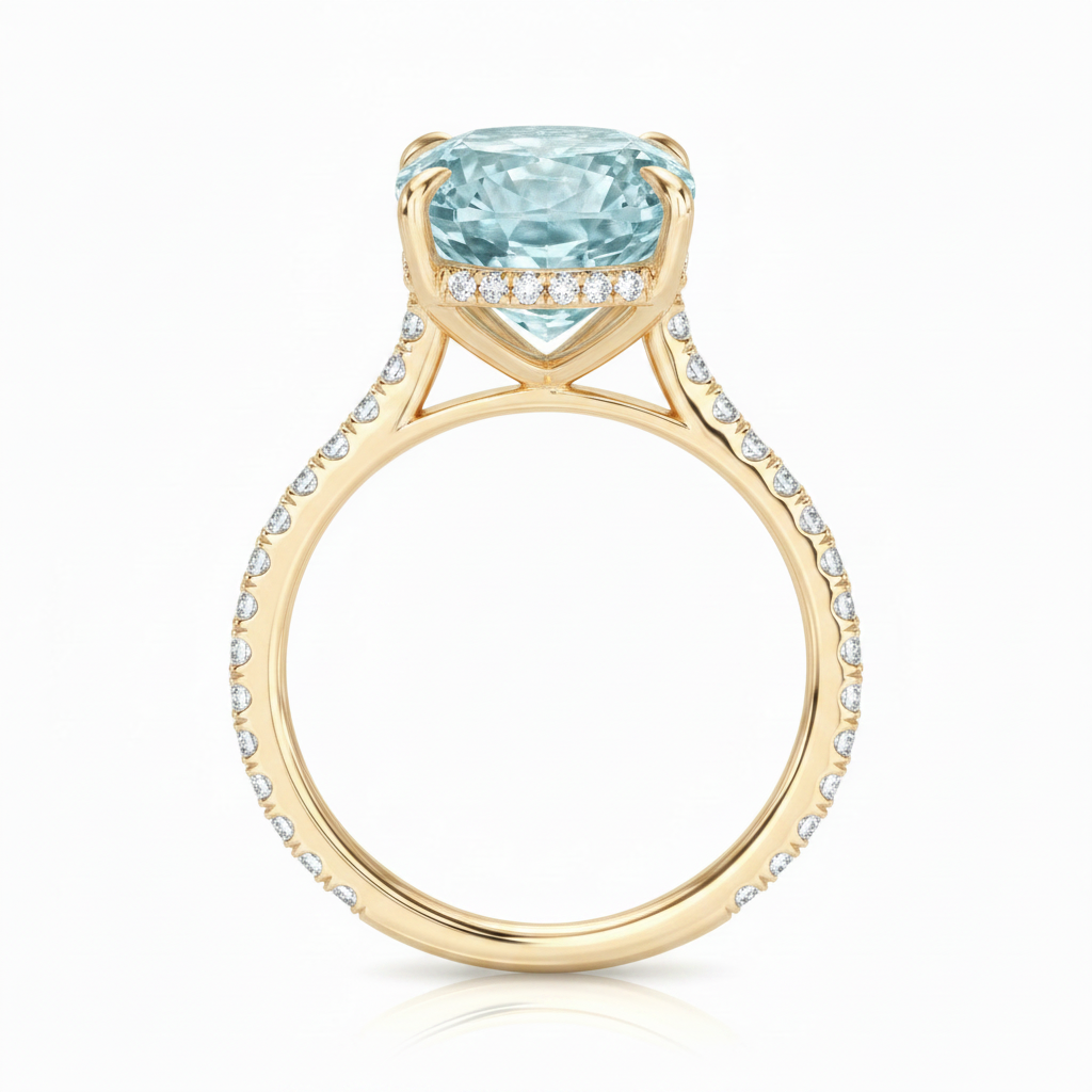 Elongated Cushion Lab Aquamarine & Diamond Engagement Ring 18K Yellow Gold (3.61ct)