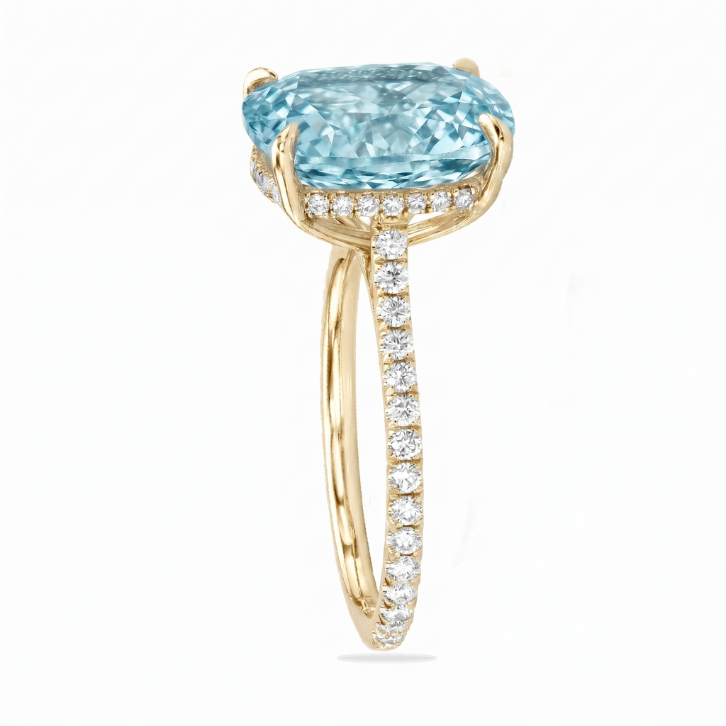 Elongated Cushion Lab Aquamarine & Diamond Engagement Ring 18K Yellow Gold (3.61ct)
