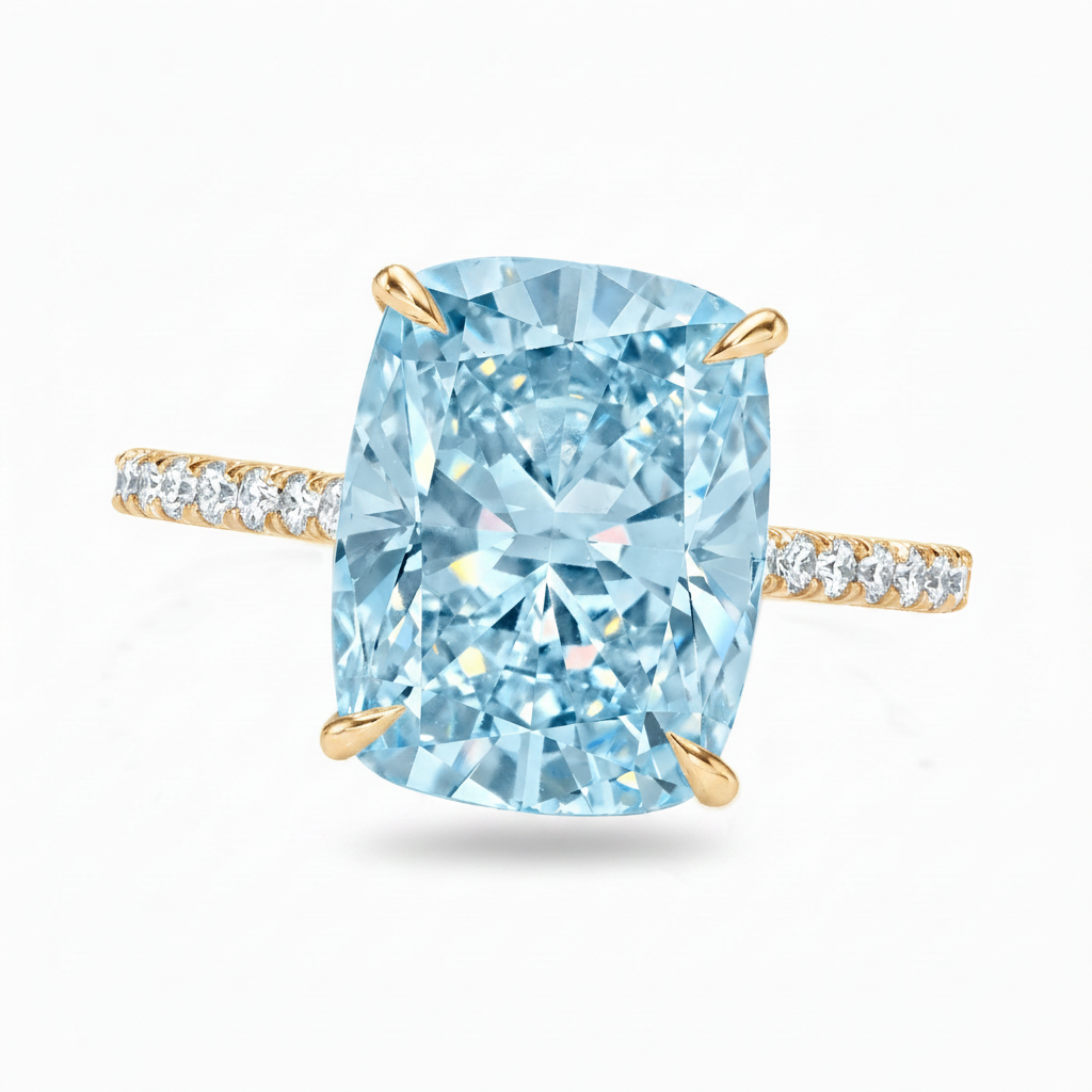 Elongated Cushion Lab Aquamarine & Diamond Engagement Ring 18K Yellow Gold (3.61ct)
