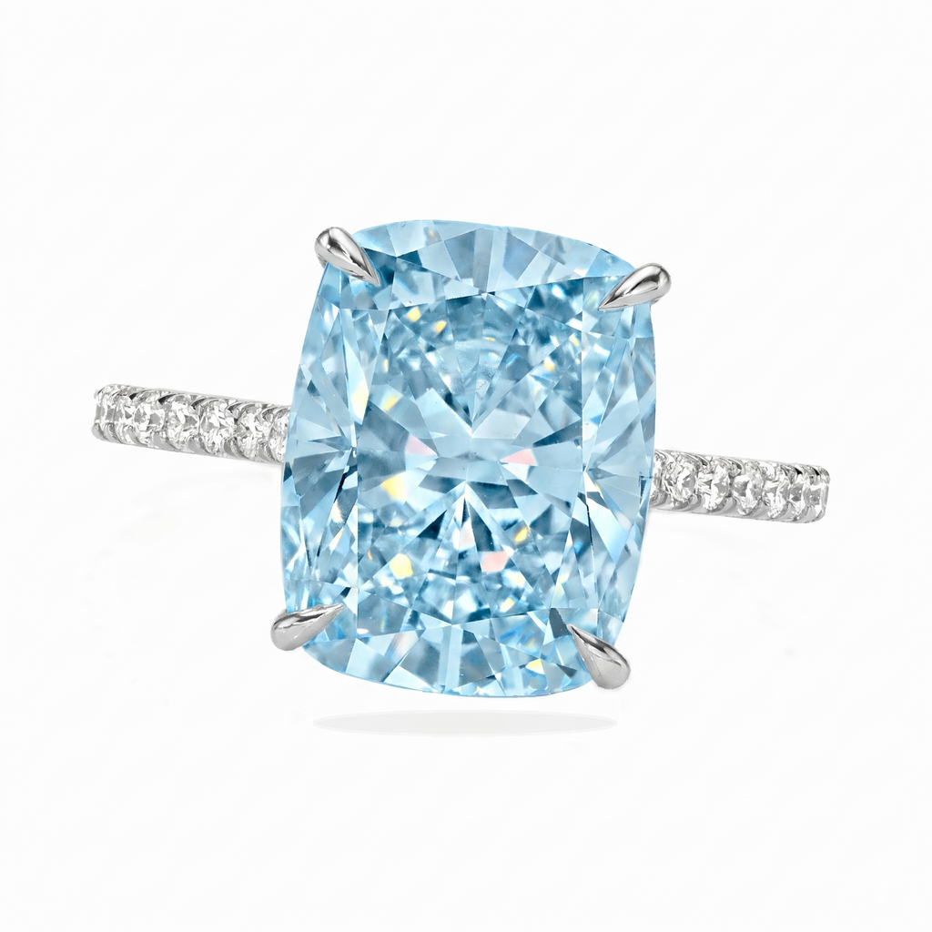 Elongated Cushion Lab Aquamarine & Diamond Engagement Ring in Platinum (3.61ct)