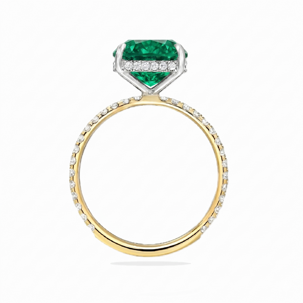 Cushion Cut Lab Emerald & Diamond Solitaire Engagement Ring 18K Two Tone Gold (4.47ct)