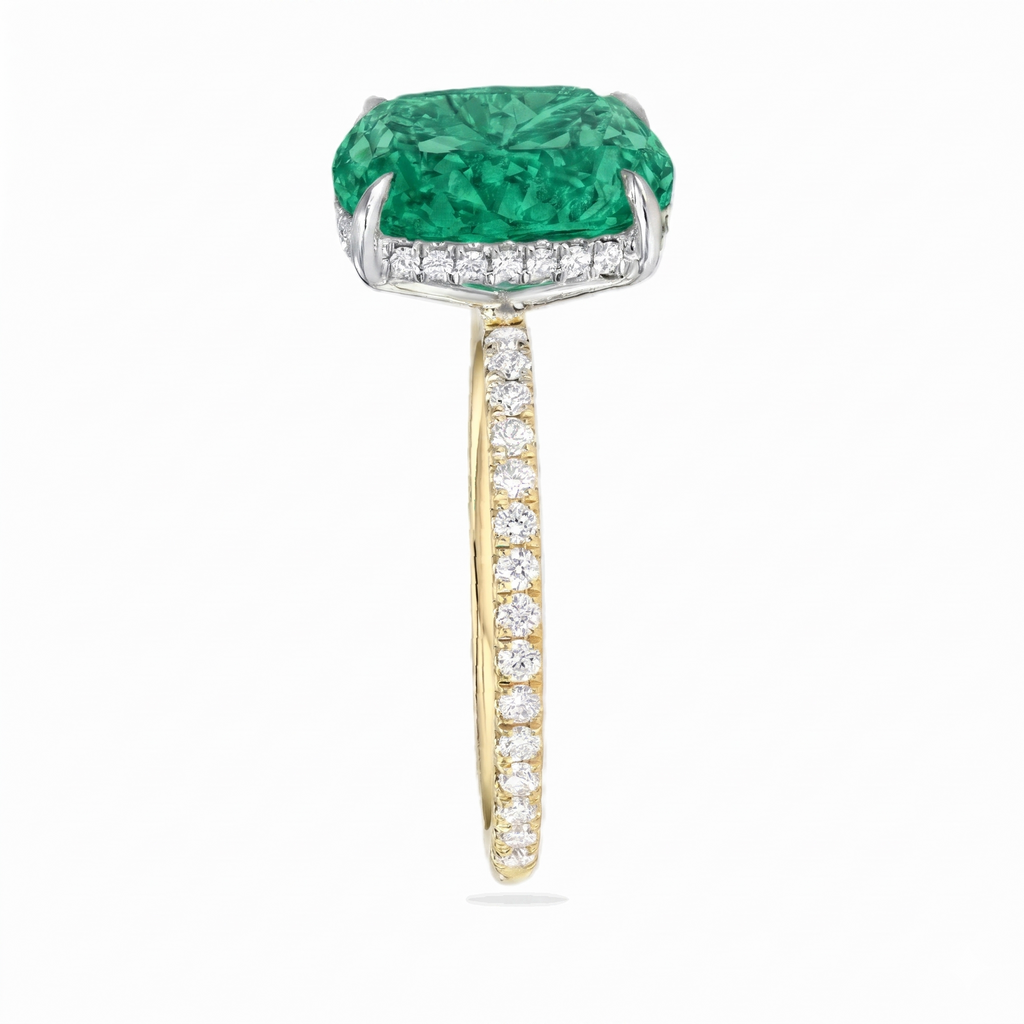 Cushion Cut Lab Emerald & Diamond Solitaire Engagement Ring 18K Two Tone Gold (4.47ct)