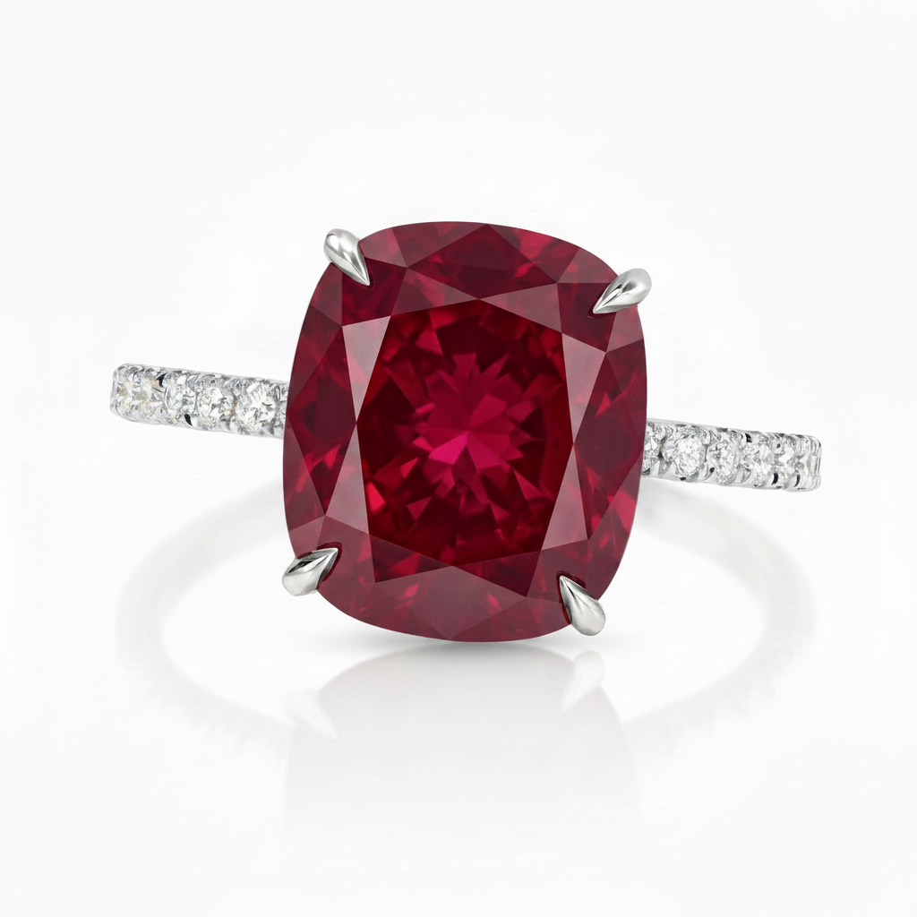 Cushion Cut Lab Ruby & Diamond Solitaire Engagement Ring in Platinum (6.28ct)