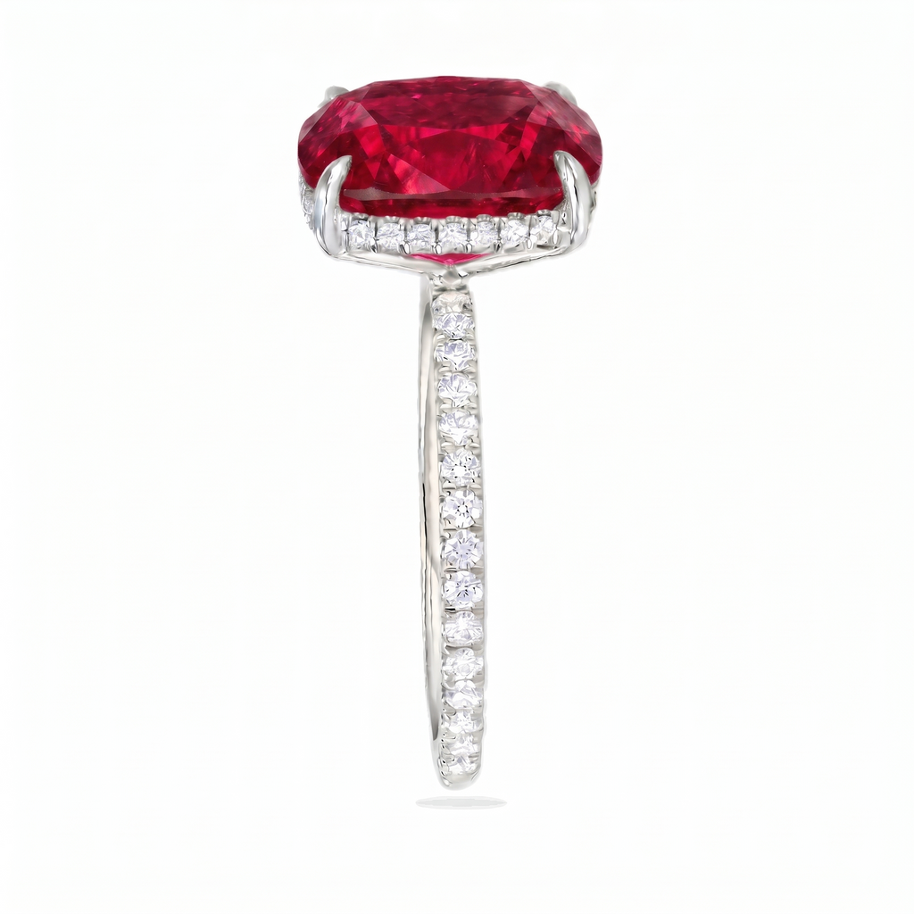 Cushion Cut Lab Ruby & Diamond Solitaire Engagement Ring in Platinum (6.28ct)