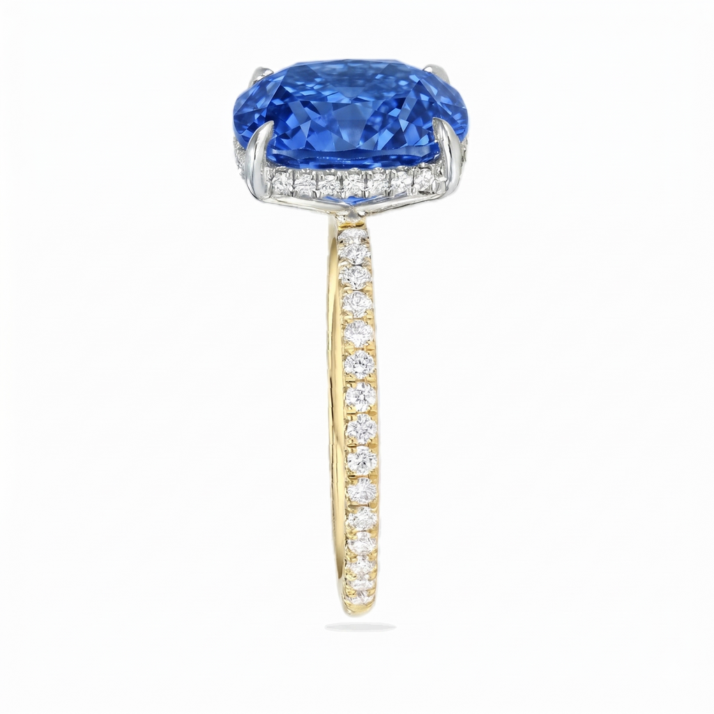 Cushion Cut Lab Blue Sapphire & Diamond Solitaire Engagement Ring 18K Two Tone Gold (6.28ct)