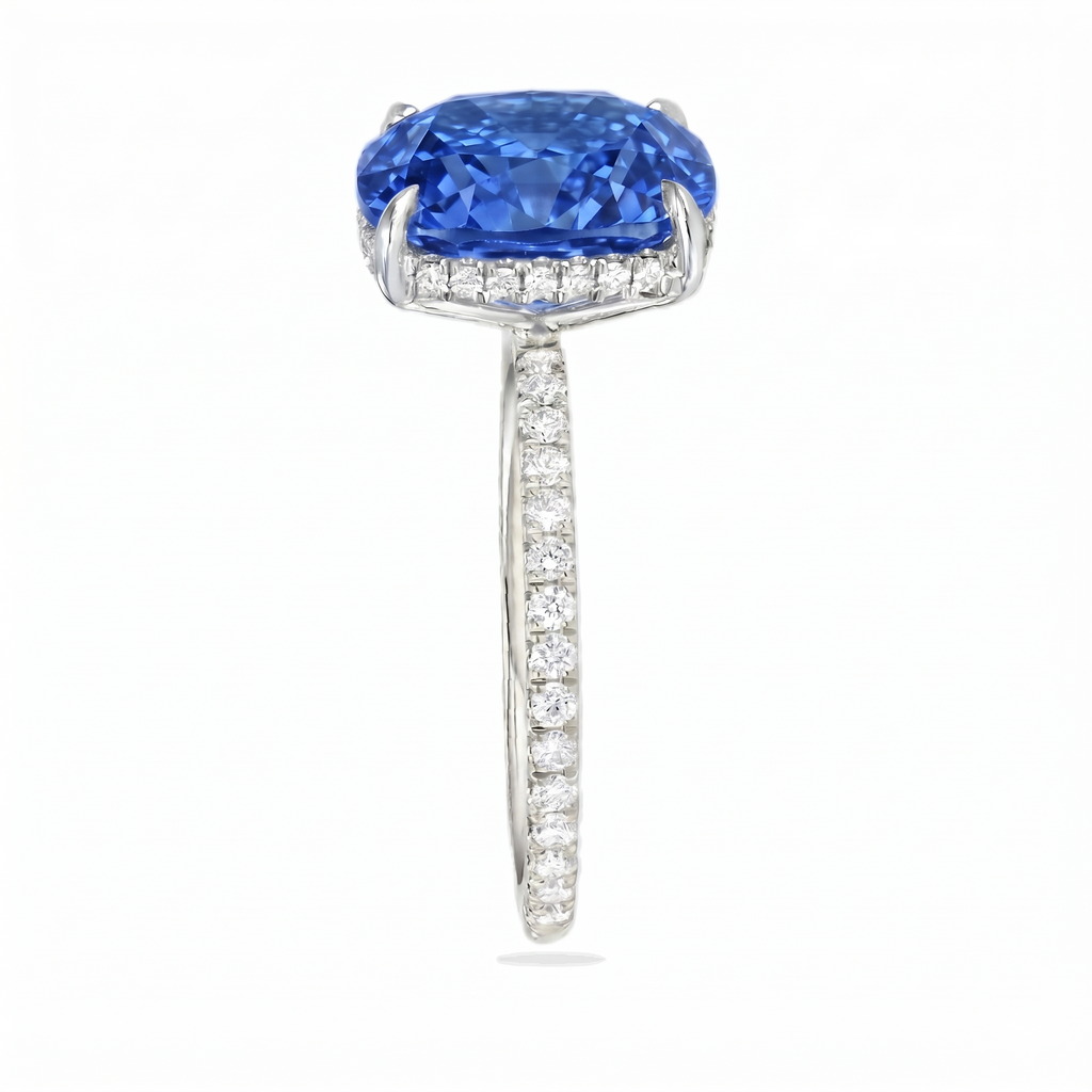 Cushion Cut Lab Blue Sapphire & Diamond Solitaire Engagement Ring in Platinum (6.28ct)