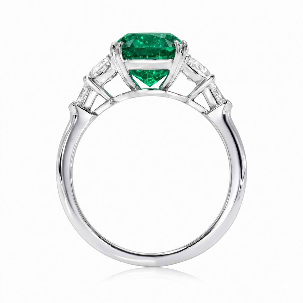 Cushion Cut Lab Emerald & Diamond 5 Stone Engagement Ring 18K White Gold (4.57ct)