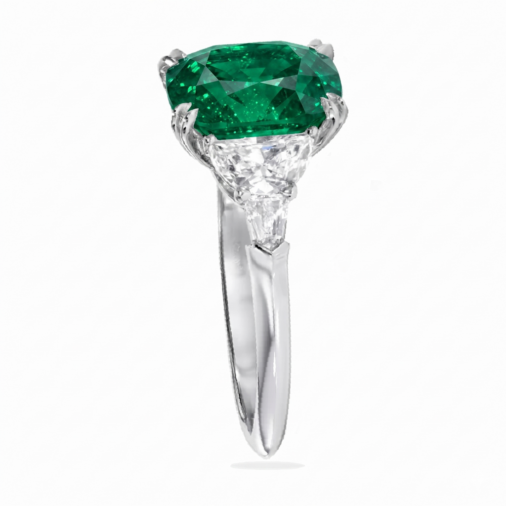 Cushion Cut Lab Emerald & Diamond 5 Stone Engagement Ring 18K White Gold (4.57ct)