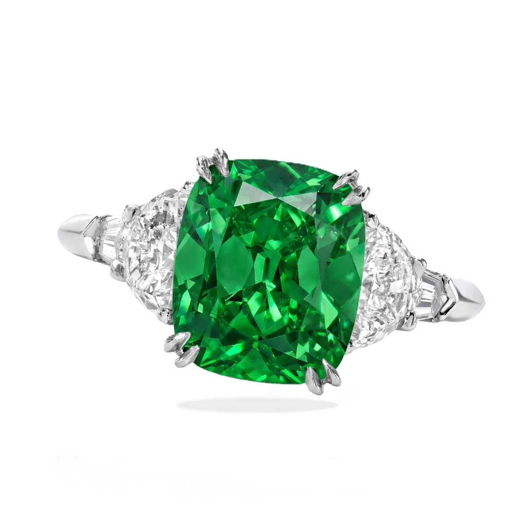 Cushion Cut Lab Emerald & Diamond 5 Stone Engagement Ring 18K White Gold (4.57ct)