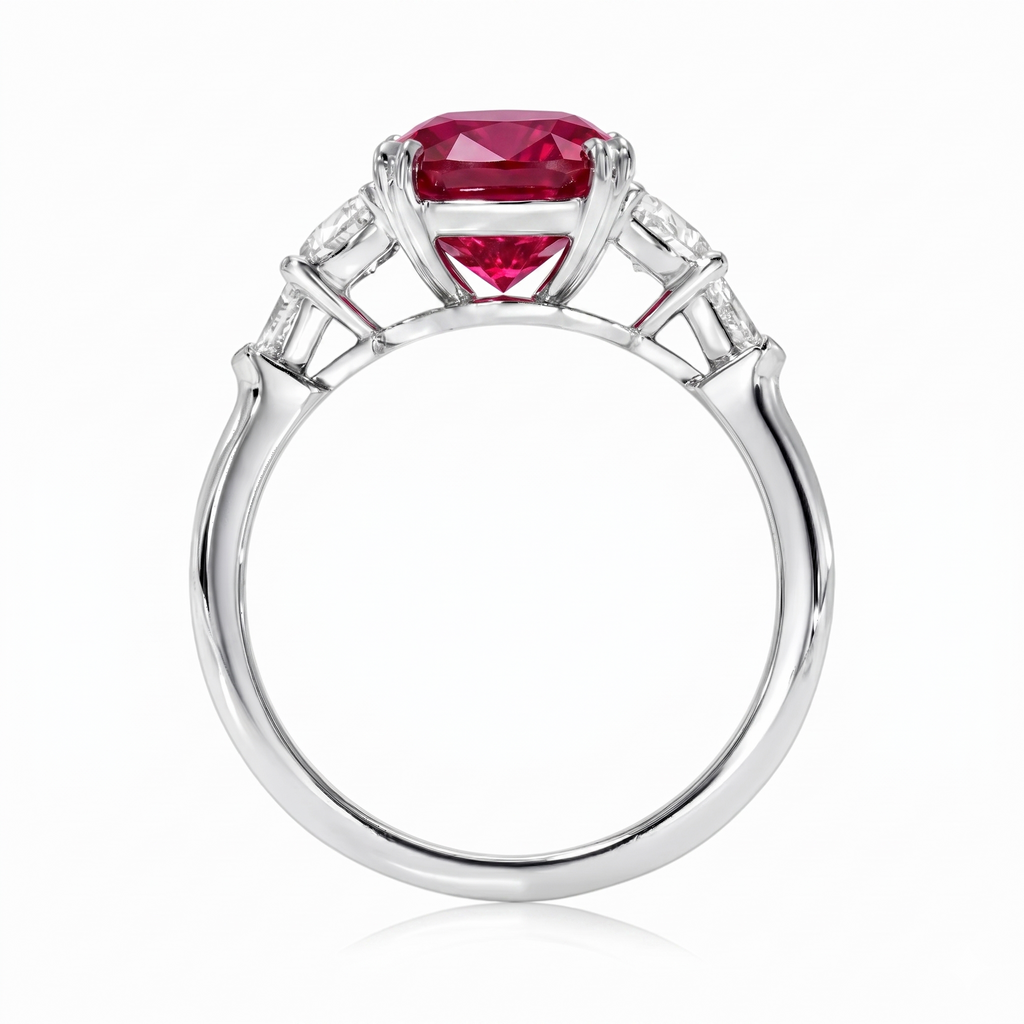 Cushion Cut Lab Ruby & Diamond 5 Stone Engagement Ring 18K White Gold (6.38ct)