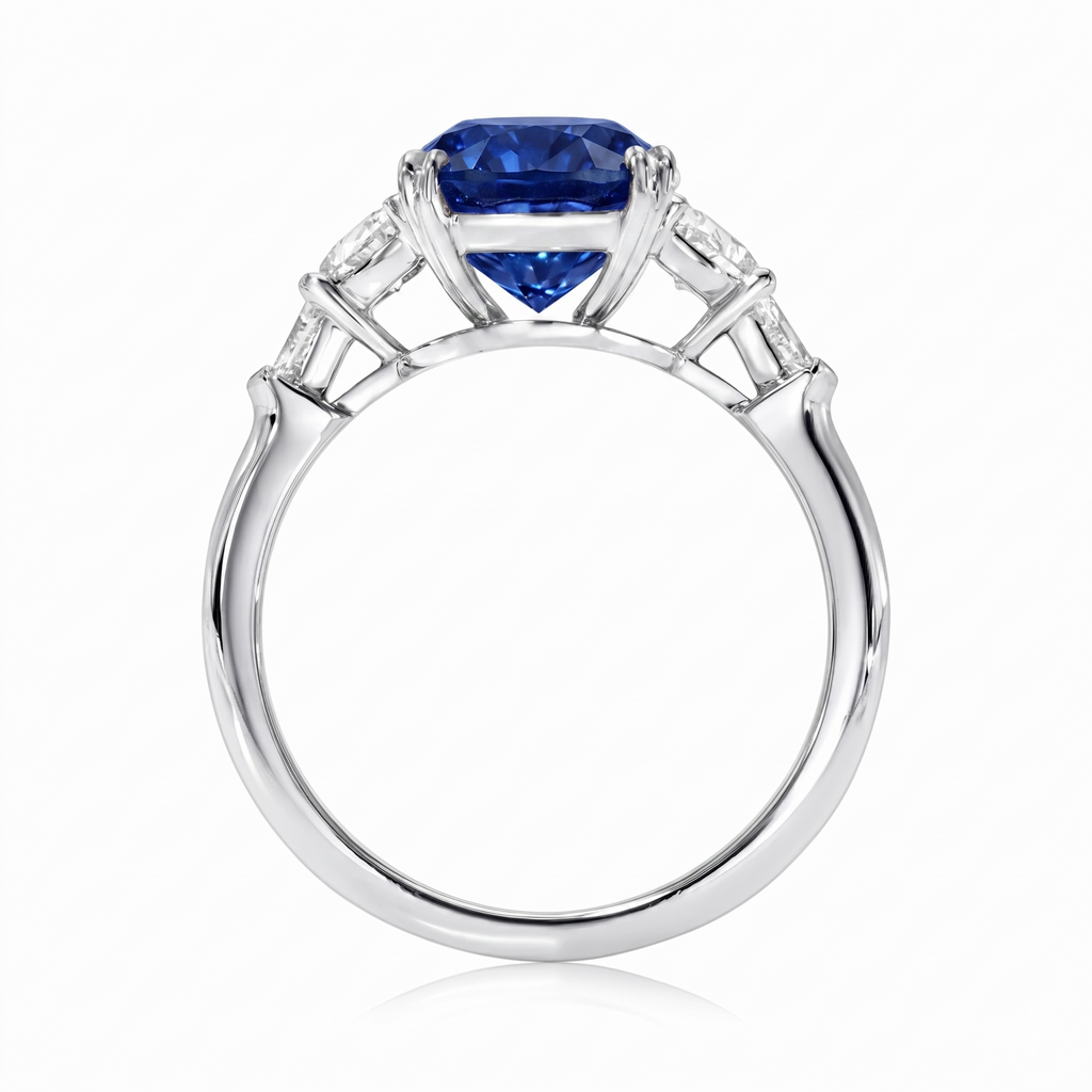 Cushion Cut Lab Blue Sapphire & Diamond 5 Stone Engagement Ring 18K White Gold (6.38ct)