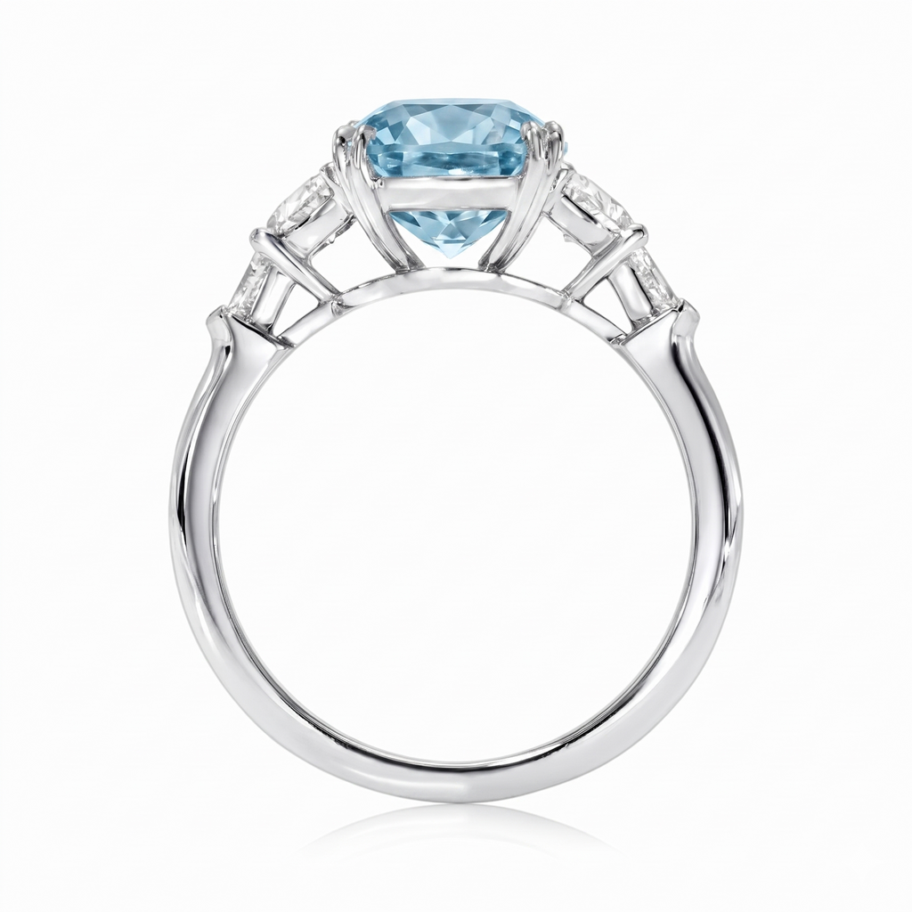 Cushion Cut Lab Aquamarine & Diamond 5 Stone Engagement Ring in Platinum (4.57ct)