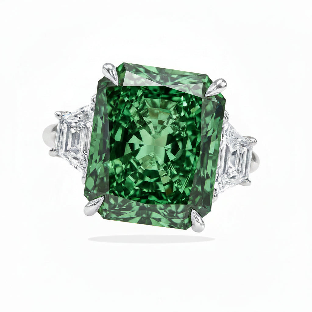 Radiant Cut Lab Emerald & Diamond 3 Stone Engagement Ring 18K White Gold (4.37ct)