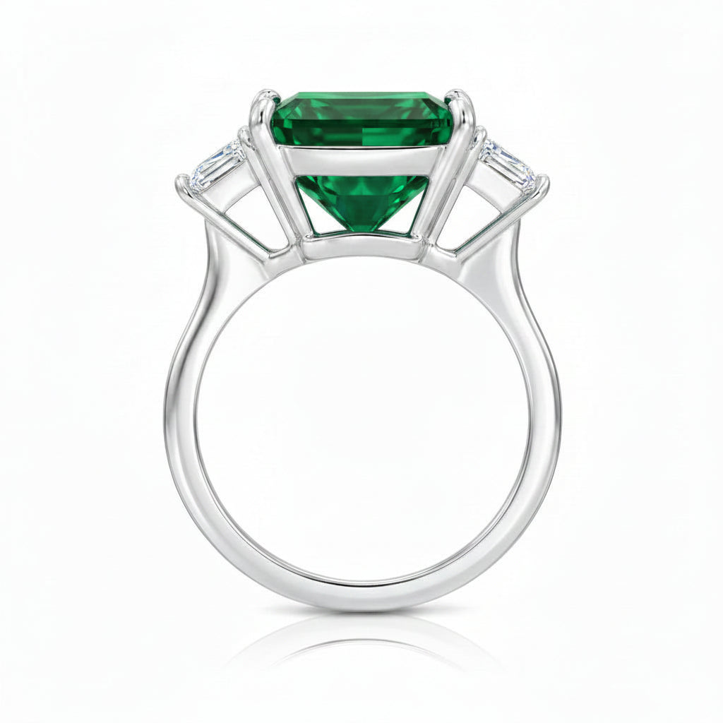 Radiant Cut Lab Emerald & Diamond 3 Stone Engagement Ring in Platinum (4.37ct)