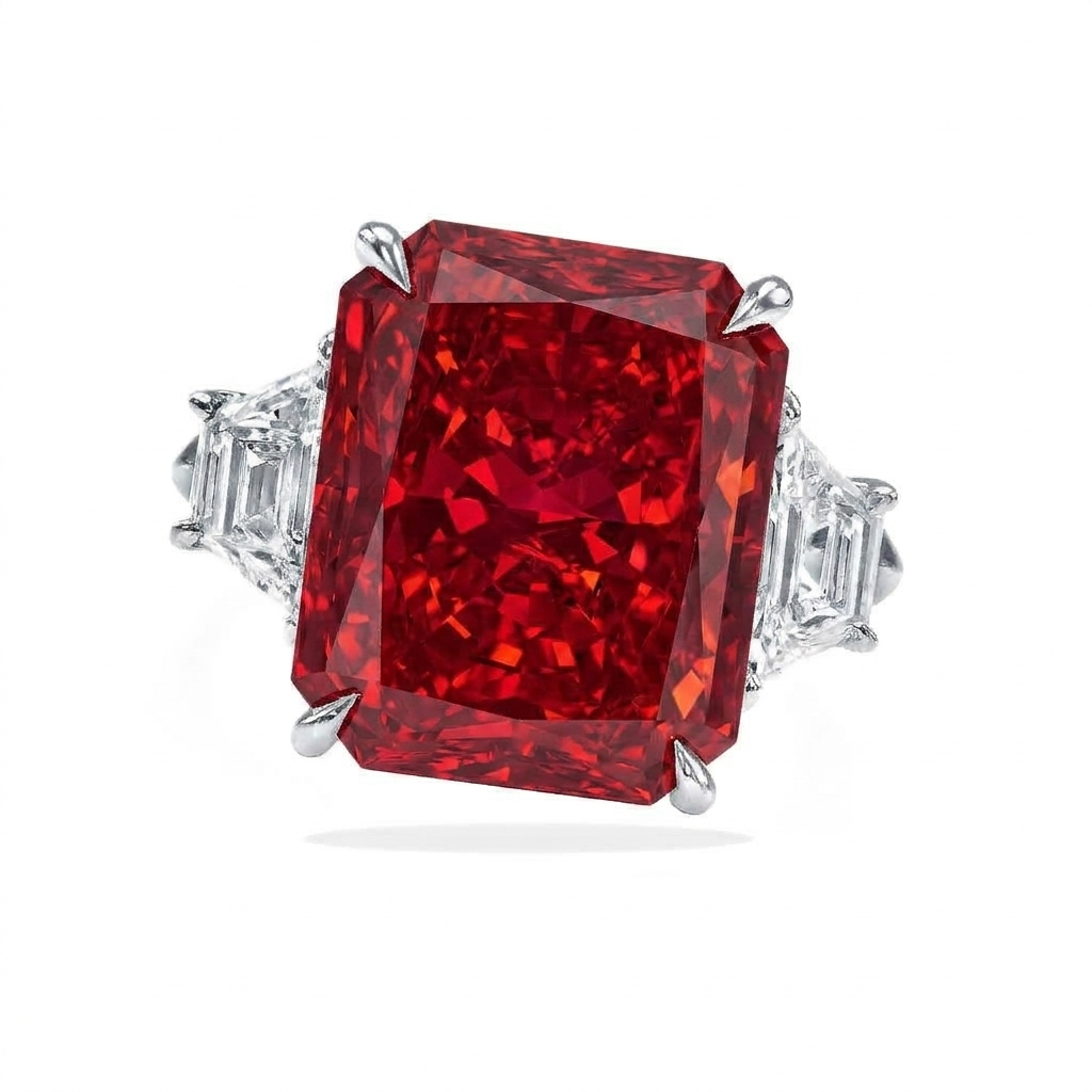 Radiant Cut Lab Ruby & Diamond 3 Stone Engagement Ring 18K White Gold (6.18ct)