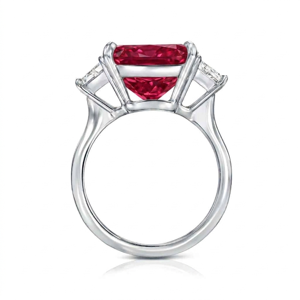 Radiant Cut Lab Ruby & Diamond 3 Stone Engagement Ring 18K White Gold (6.18ct)