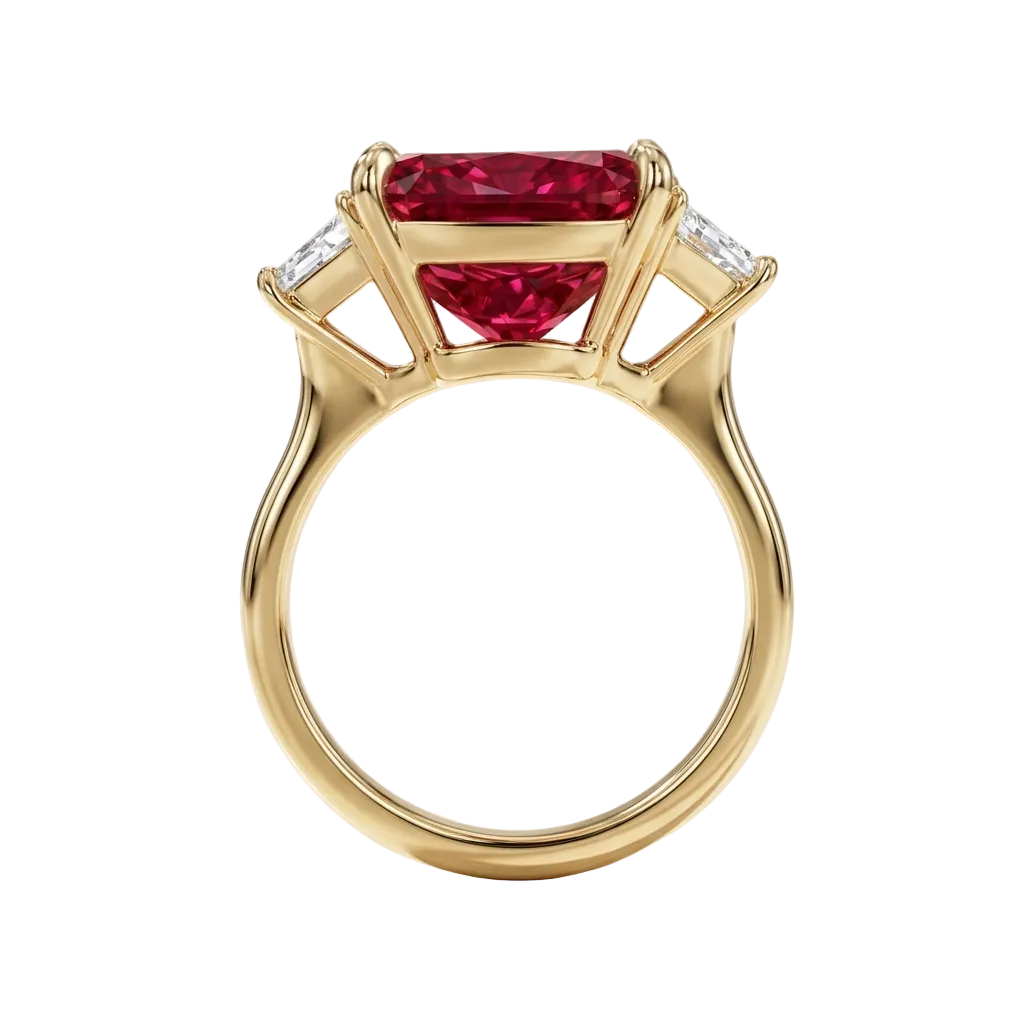 Radiant Cut Lab Ruby & Diamond 3 Stone Engagement Ring 18K Yellow Gold (6.18ct)