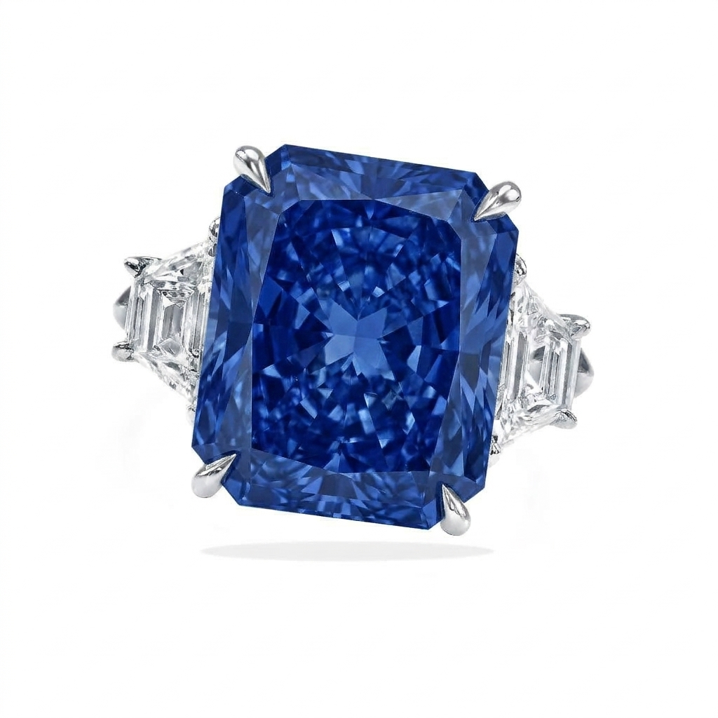 Radiant Cut Lab Blue Sapphire & Diamond 3 Stone Engagement Ring in Platinum (6.18ct)