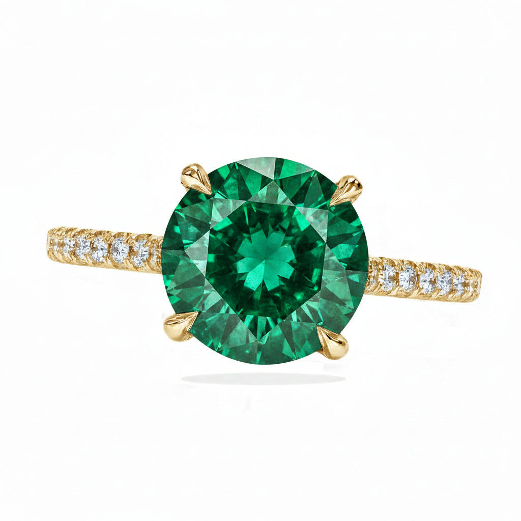 Round Lab Emerald & Diamond Solitaire Engagement Ring 18K Yellow Gold (2.82ct)