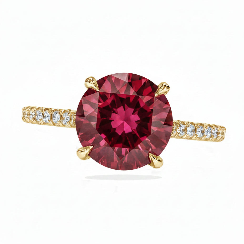 Round Lab Ruby & Diamond Solitaire Engagement Ring 18K Yellow Gold (3.91ct)