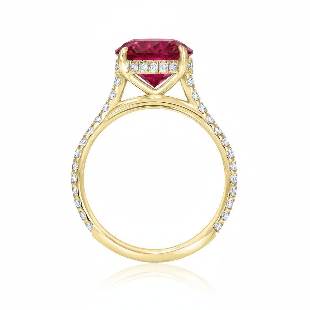 Round Lab Ruby & Diamond Solitaire Engagement Ring 18K Yellow Gold (3.91ct)