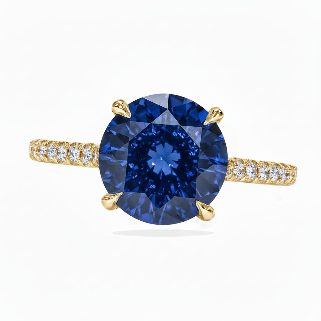 Round Lab Blue Sapphire & Diamond Solitaire Engagement Ring 18K Yellow Gold (3.91ct)