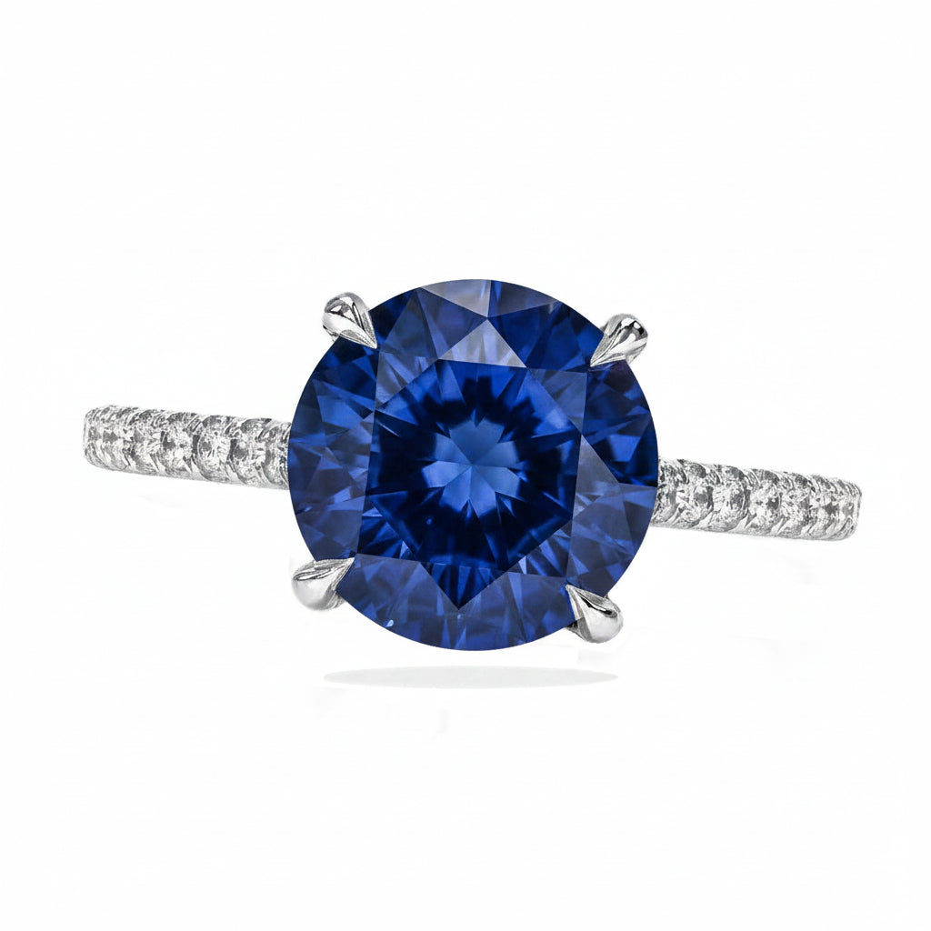 Round Lab Blue Sapphire & Diamond Solitaire Engagement Ring in Platinum (3.91ct)