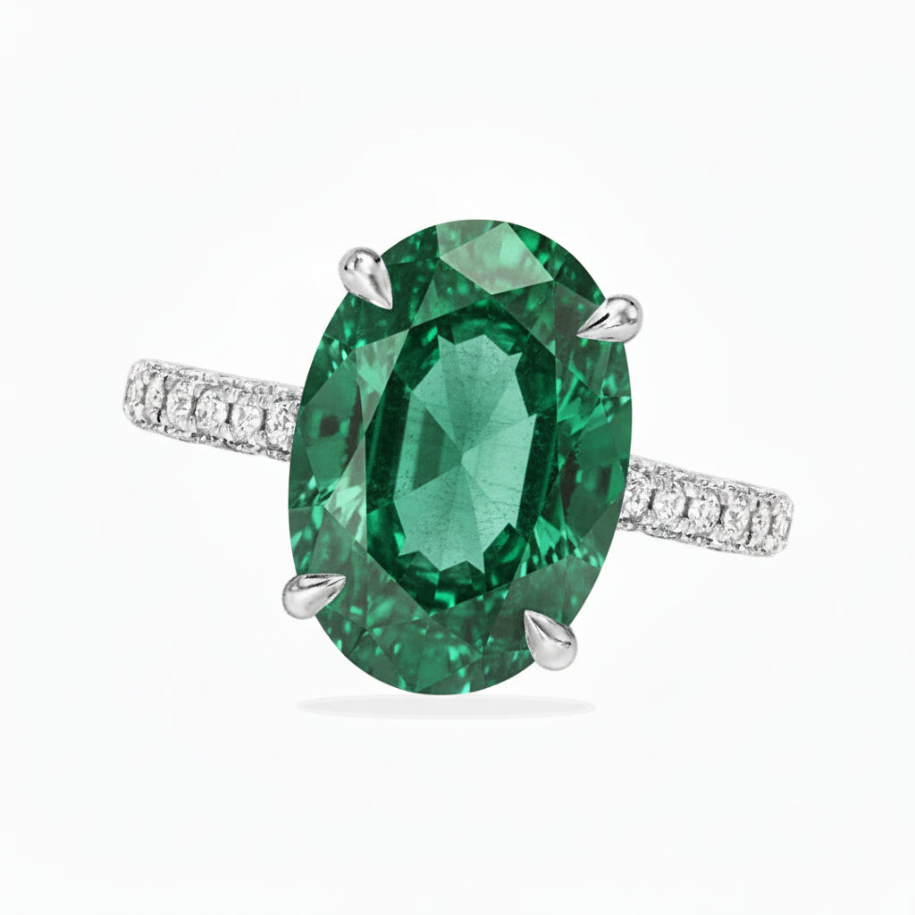 Oval Lab Emerald & Diamond Cathedral Style Engagement Ring 14K White Gold (4.15ct)