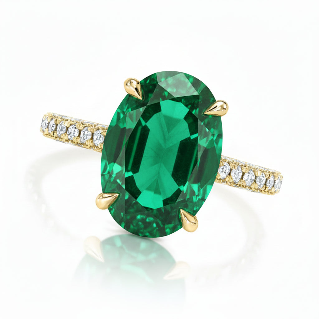 Oval Lab Emerald & Diamond Cathedral Style Engagement Ring 14K Yellow Gold (4.15ct)