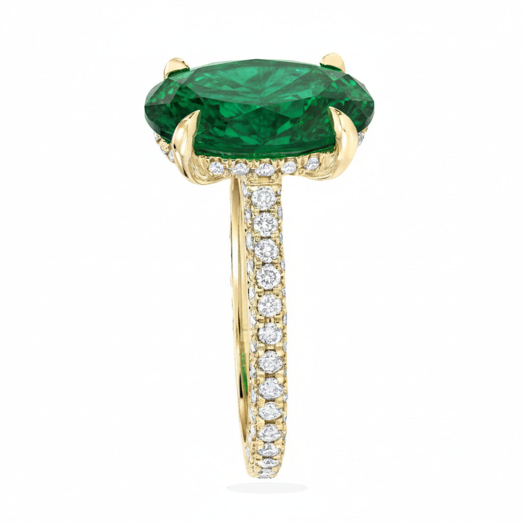 Oval Lab Emerald & Diamond Cathedral Style Engagement Ring 14K Yellow Gold (4.15ct)