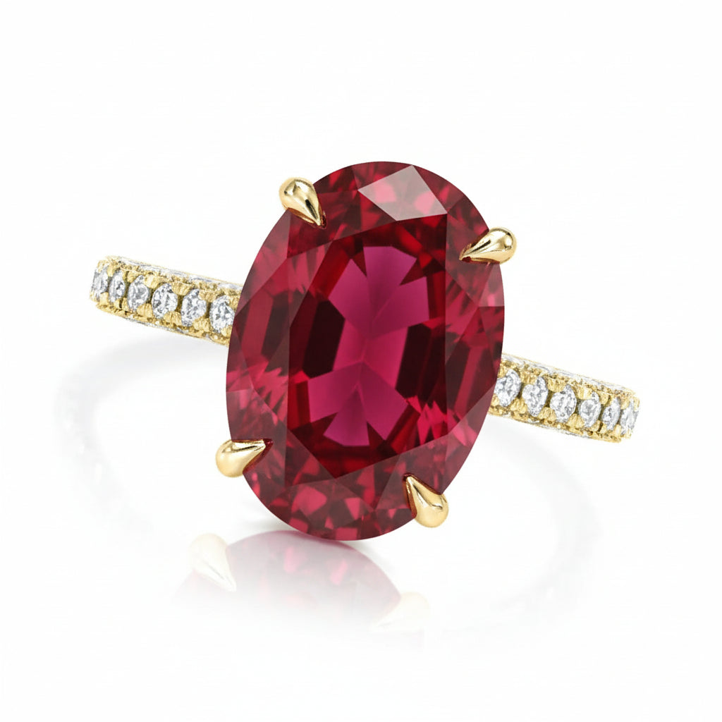 Oval Lab Ruby & Diamond Cathedral Style Engagement Ring 14K Yellow Gold (5.60ct)