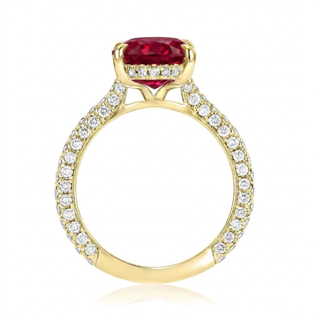 Oval Lab Ruby & Diamond Cathedral Style Engagement Ring 14K Yellow Gold (5.60ct)