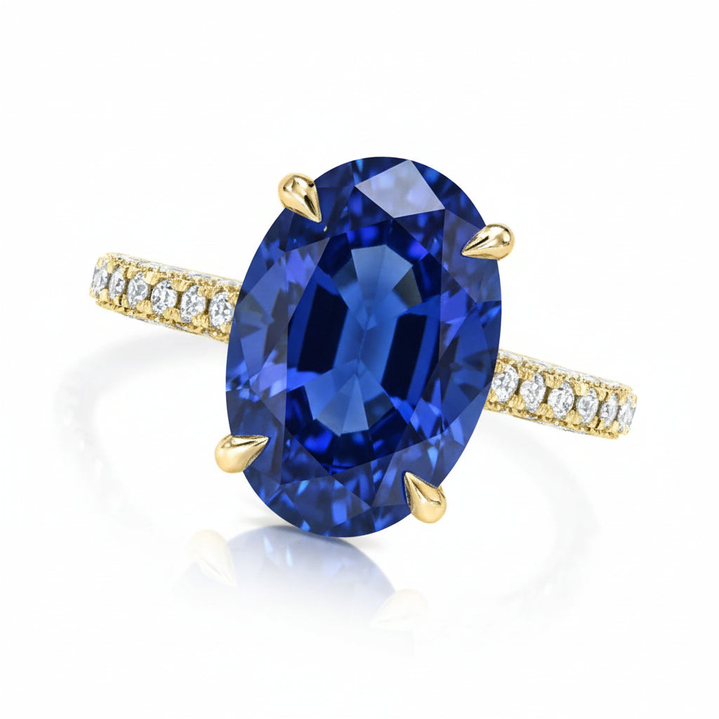 Oval Lab Blue Sapphire & Diamond Cathedral Style Engagement Ring 14K Yellow Gold (5.60ct)