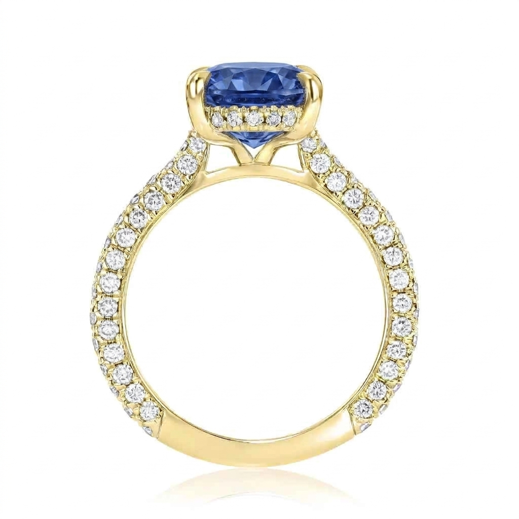 Oval Lab Blue Sapphire & Diamond Cathedral Style Engagement Ring 14K Yellow Gold (5.60ct)
