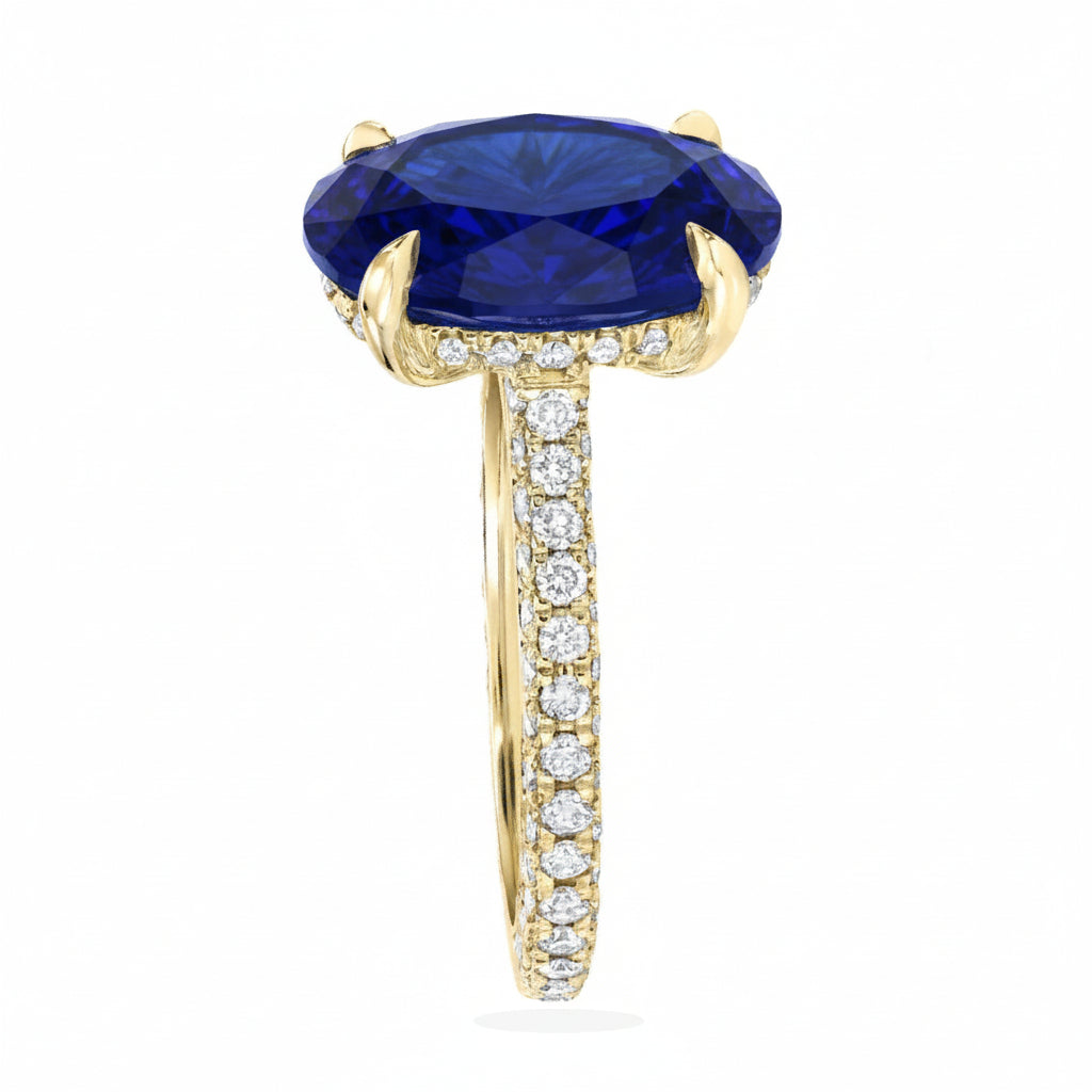 Oval Lab Blue Sapphire & Diamond Cathedral Style Engagement Ring 14K Yellow Gold (5.60ct)