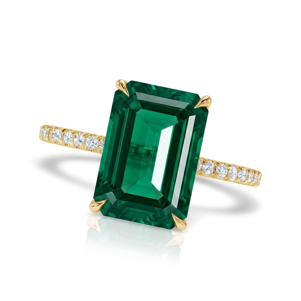 Lab Emerald & Diamond Solitaire Engagement Ring 14K Yellow Gold (5.60ct)