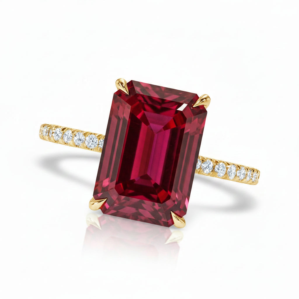 Emerald Cut Lab Ruby & Diamond Solitaire Engagement Ring 14K Yellow Gold (7.75ct)