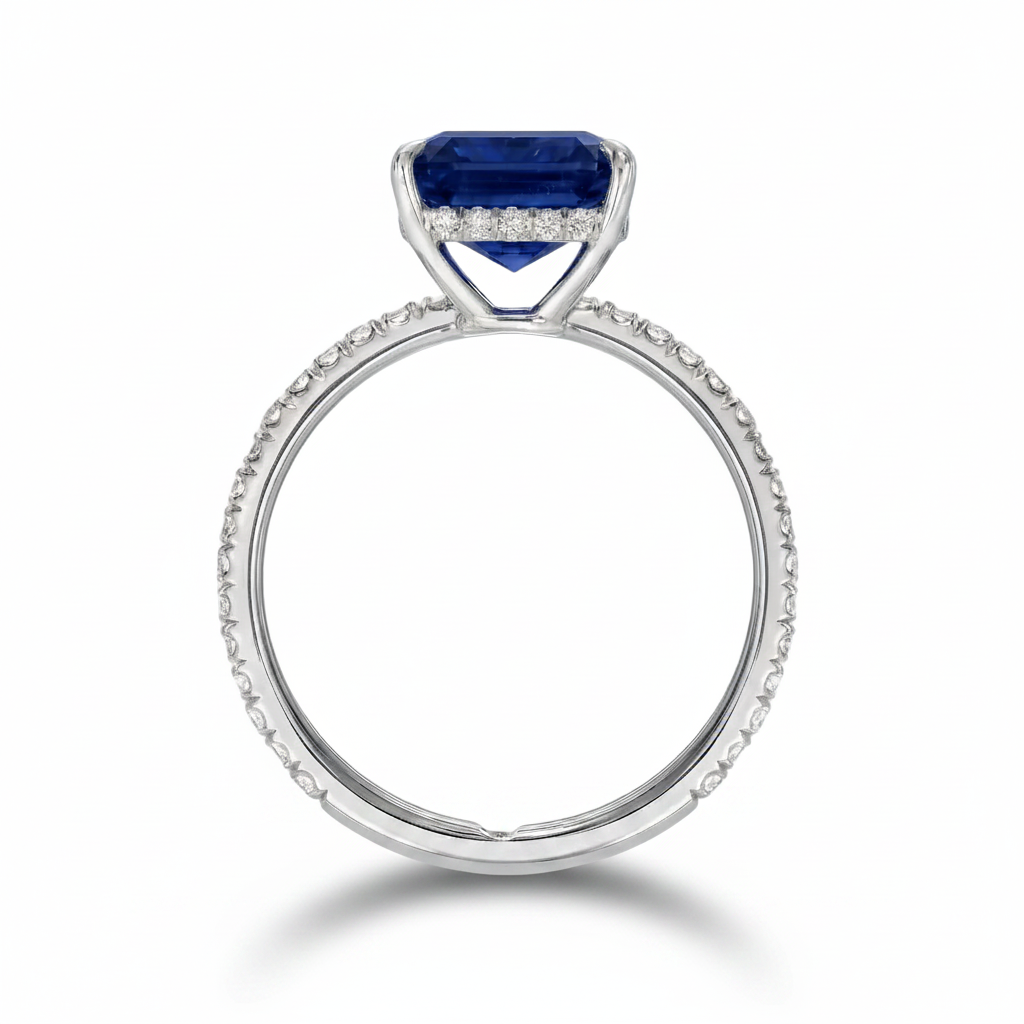 Emerald Cut Lab Blue Sapphire & Diamond Solitaire Engagement Ring 14K White Gold (7.75ct)