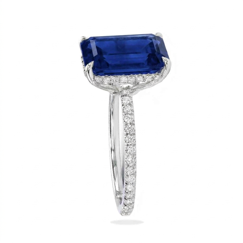Emerald Cut Lab Blue Sapphire & Diamond Solitaire Engagement Ring 14K White Gold (7.75ct)