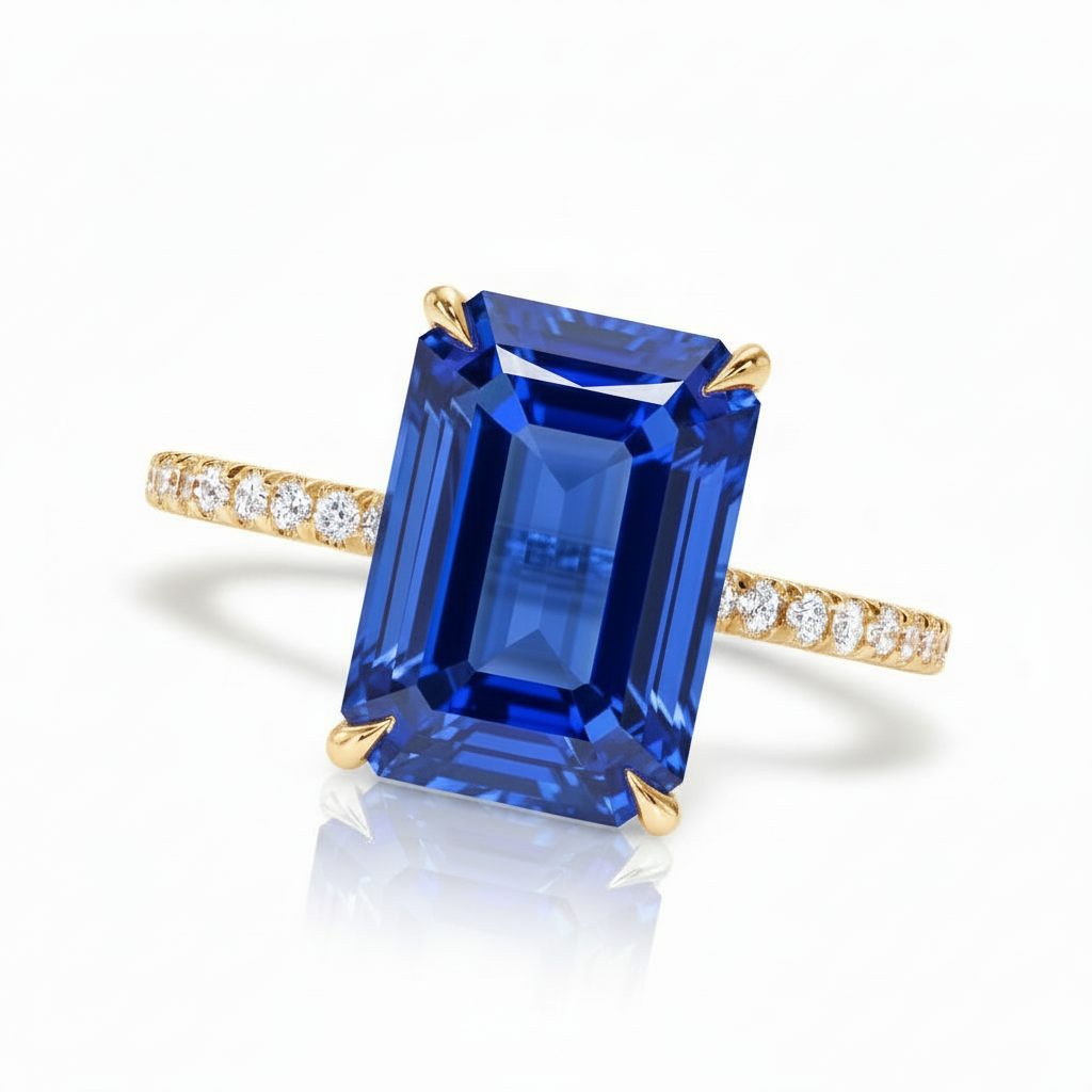 Emerald Cut Lab Blue Sapphire & Diamond Solitaire Engagement Ring 14K Yellow Gold (7.75ct)