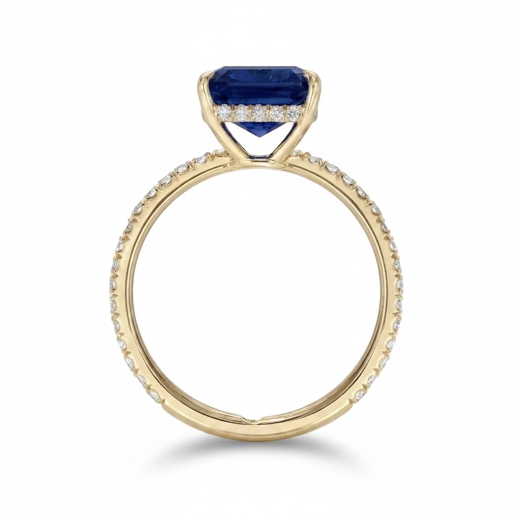 Emerald Cut Lab Blue Sapphire & Diamond Solitaire Engagement Ring 14K Yellow Gold (7.75ct)
