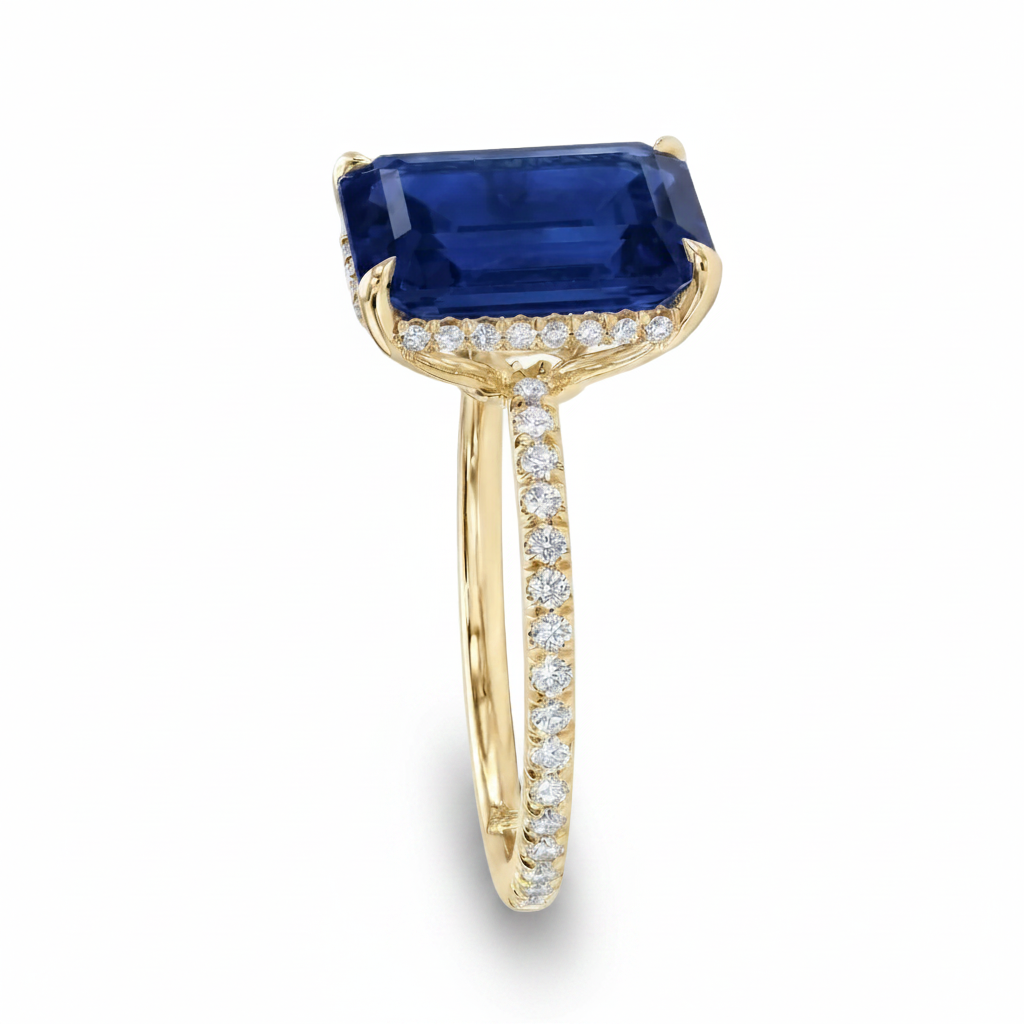 Emerald Cut Lab Blue Sapphire & Diamond Solitaire Engagement Ring 14K Yellow Gold (7.75ct)