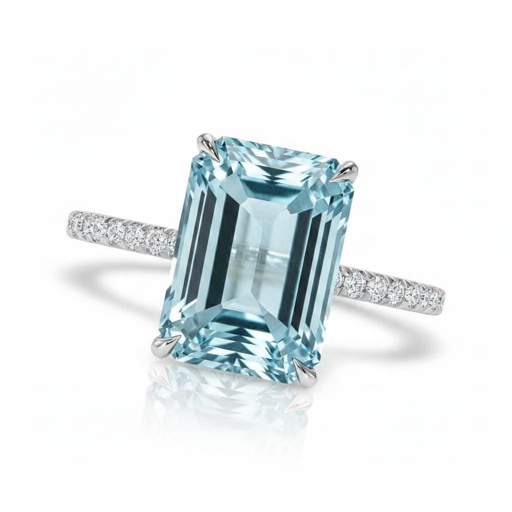 Emerald Cut Lab Aquamarine & Diamond Solitaire Engagement Ring 14K White Gold (5.55ct)