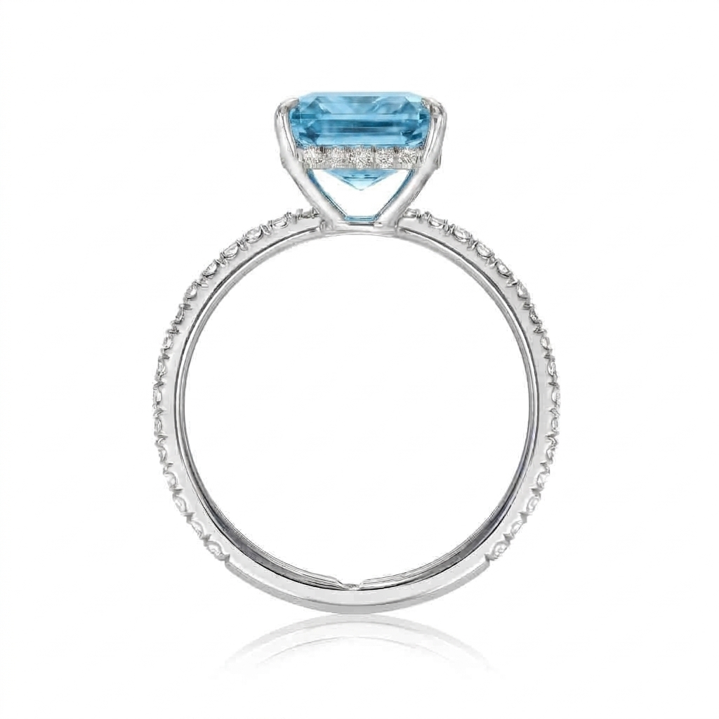 Emerald Cut Lab Aquamarine & Diamond Solitaire Engagement Ring 14K White Gold (5.55ct)