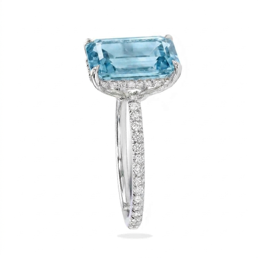 Emerald Cut Lab Aquamarine & Diamond Solitaire Engagement Ring 14K White Gold (5.55ct)