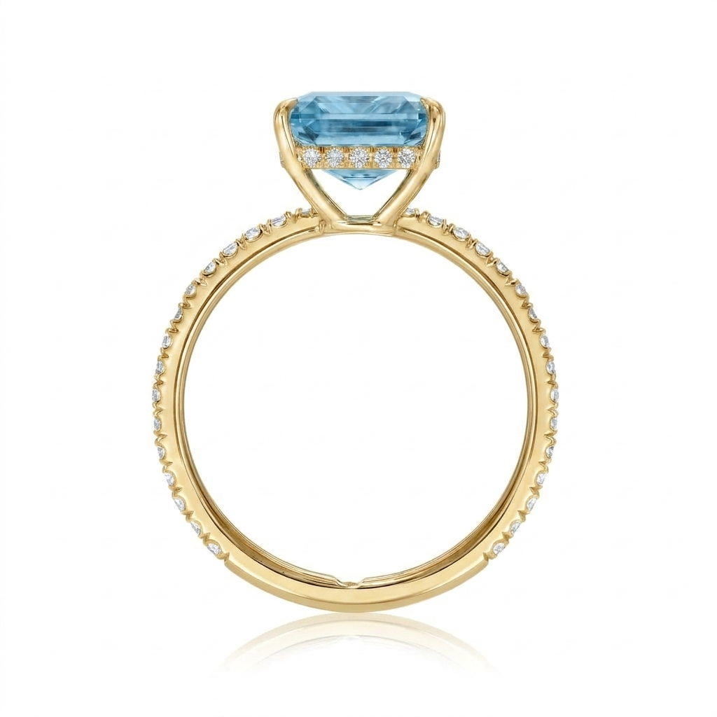 Emerald Cut Lab Aquamarine & Diamond Solitaire Engagement Ring 14K Yellow Gold (5.55ct)