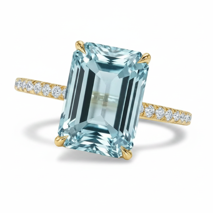 Emerald Cut Lab Aquamarine & Diamond Solitaire Engagement Ring 14K Yellow Gold (5.55ct)